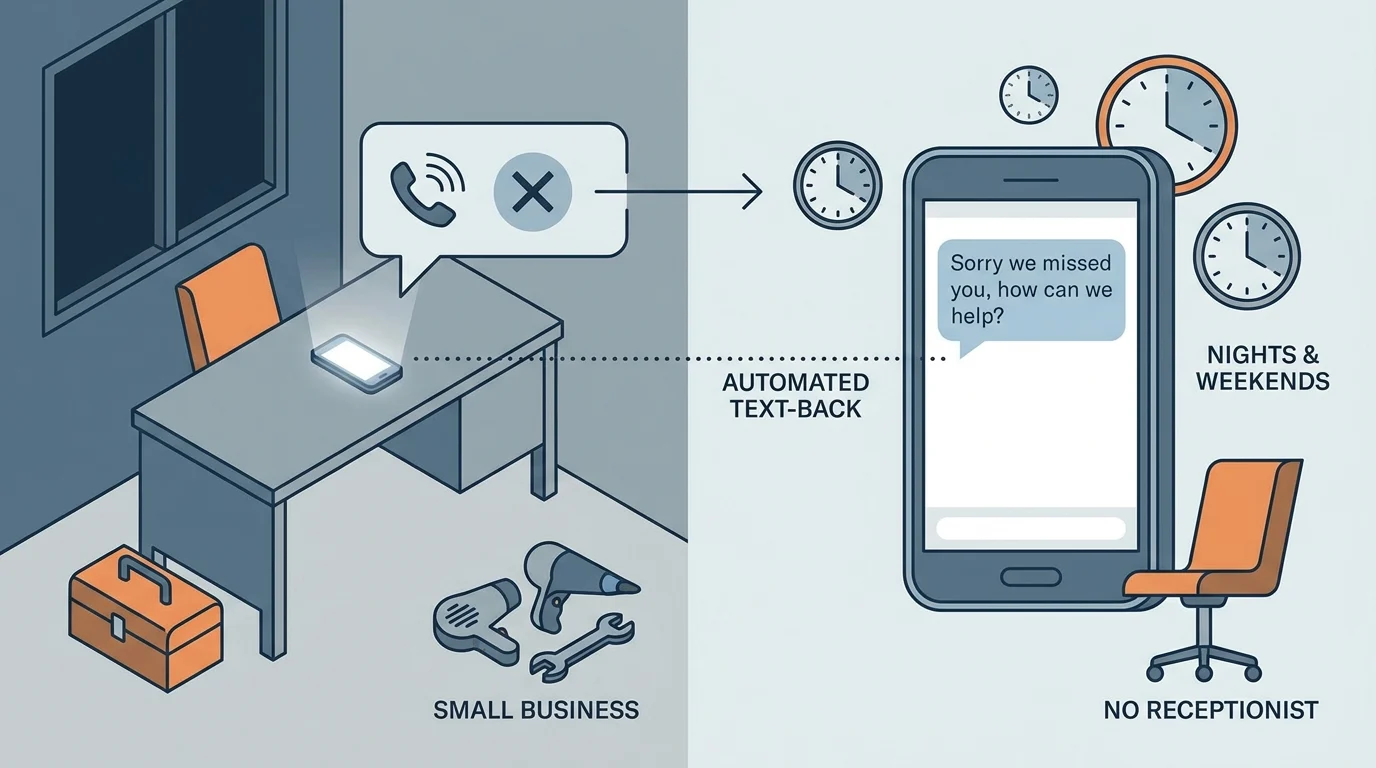 Diagram showing a missed call at a small business automatically triggering a text-back reply (“Sorry we missed you, how can we help?”) nights and weekends, even with no receptionist on duty